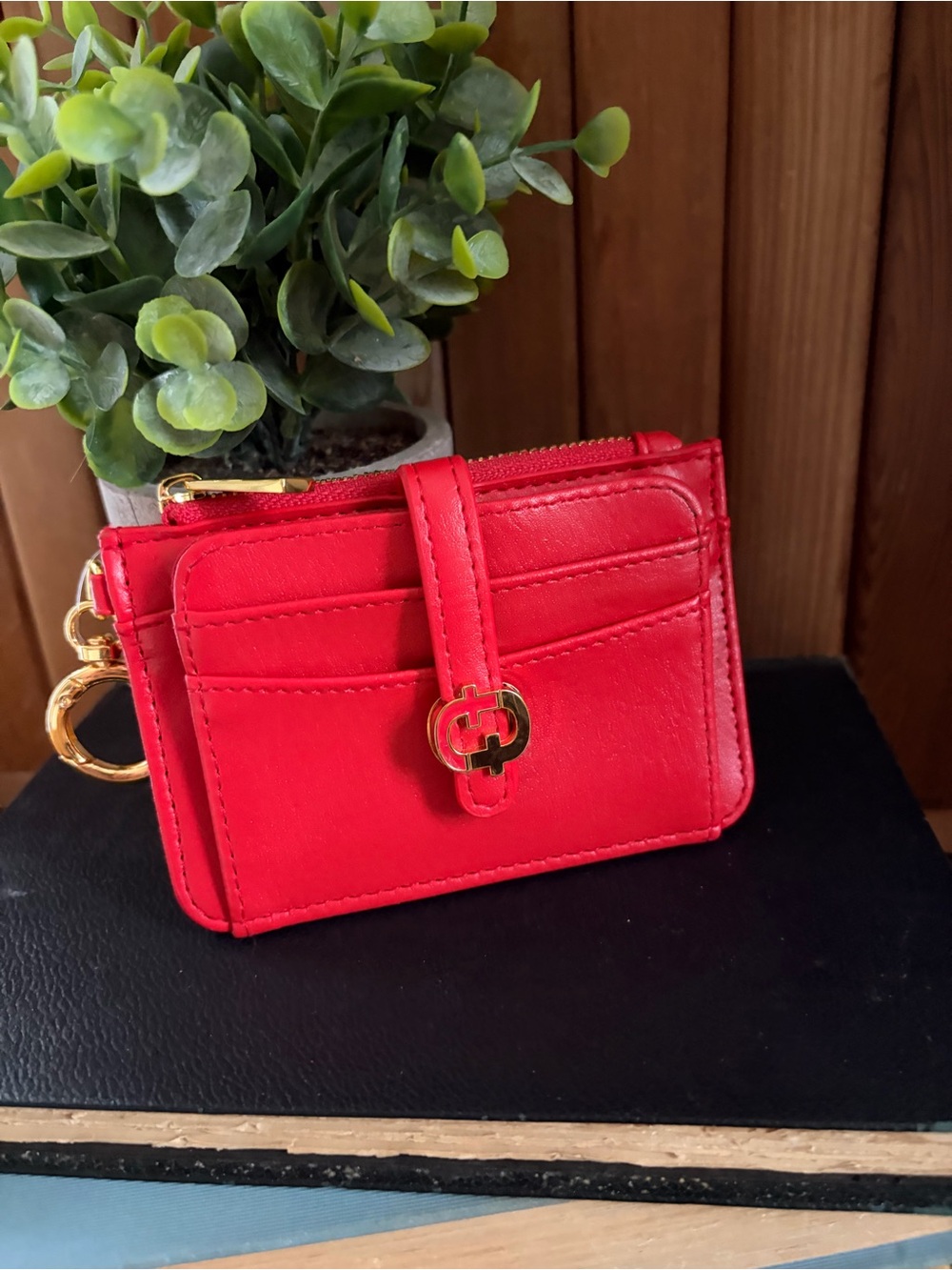 Red Faux Leather Mini Wallet Card Holder with Gold-Tone Hardware